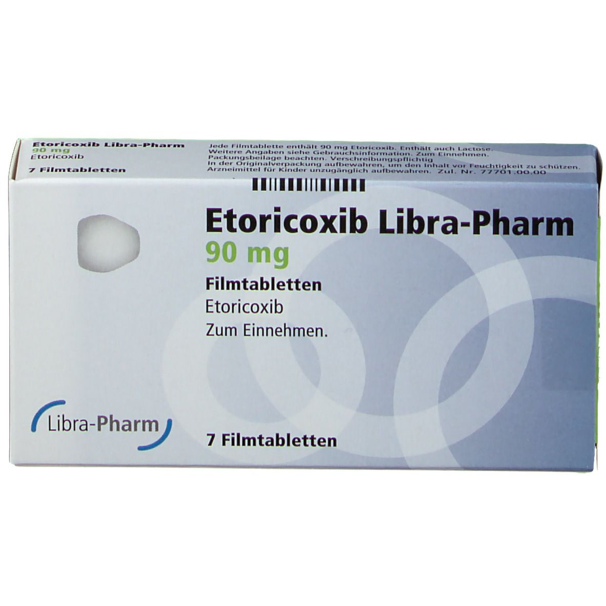 Schachtel Etoricoxib Libra-Pharm 90 mg, 7 Filmtabletten. Verpackung mit Produktinformationen und Markenlogo. Deutlich sichtbar.