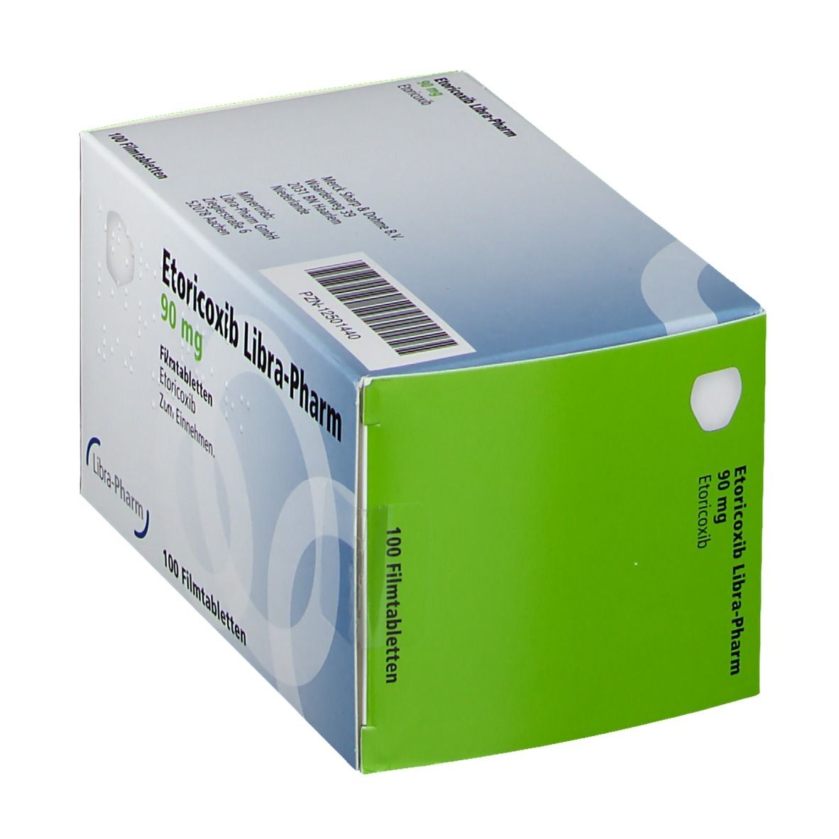 Schachtel Etoricoxib Libra-Pharm 90 mg Filmtabletten. 100 Tabletten. Blaue und grüne Verpackung. Produktname und Dosierung deutlich sichtbar.