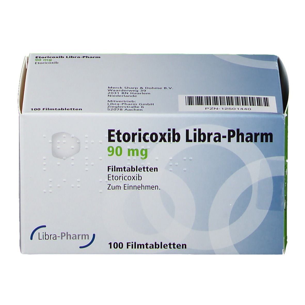 Schachtel mit Etoricoxib Libra-Pharm 90 mg Filmtabletten. 100 Tabletten. Blaue und weiße Verpackung mit Produktnamen und Dosierung.