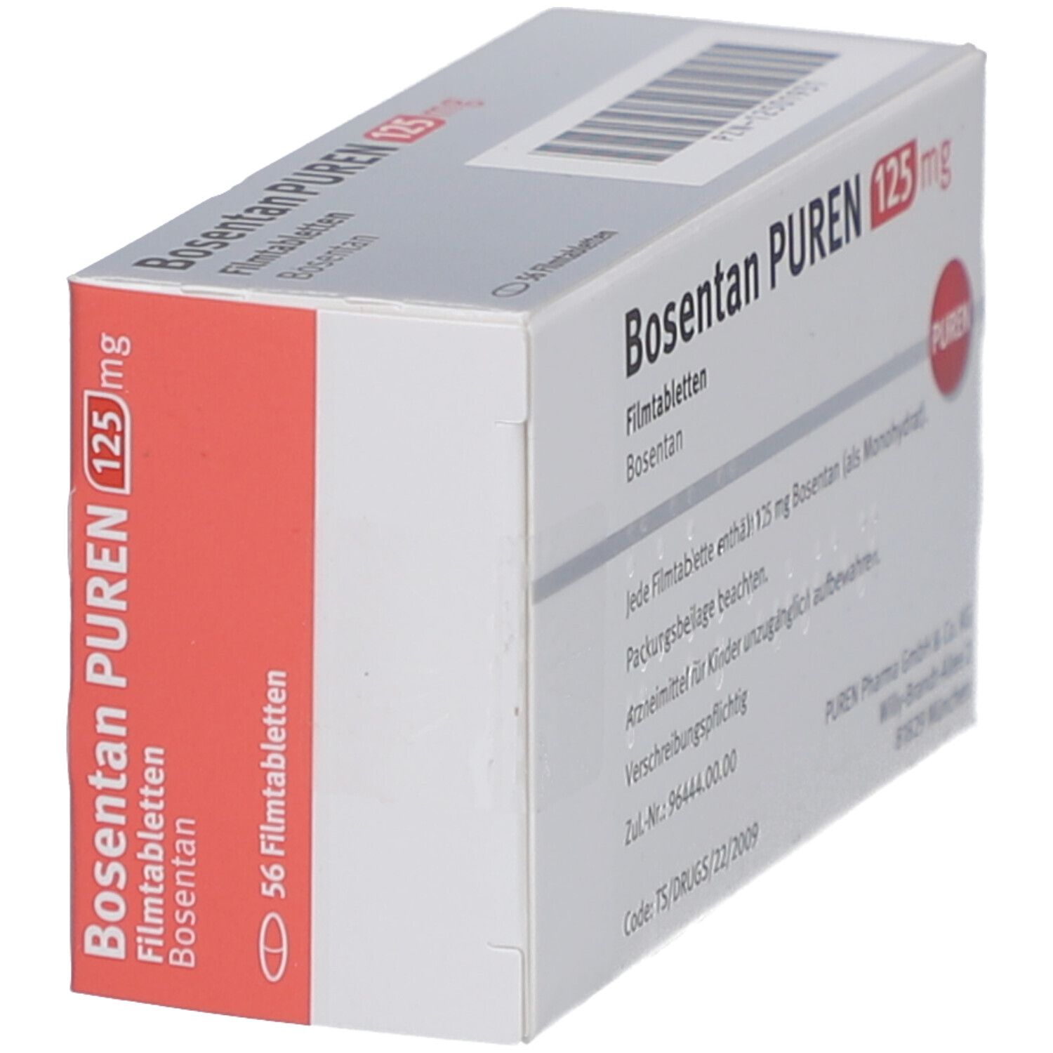 Bosentan PUREN 125 mg Packung, 56 Filmtabletten. Weiße Schachtel mit roter Schrift. PUREN Logo. Rückseite.
