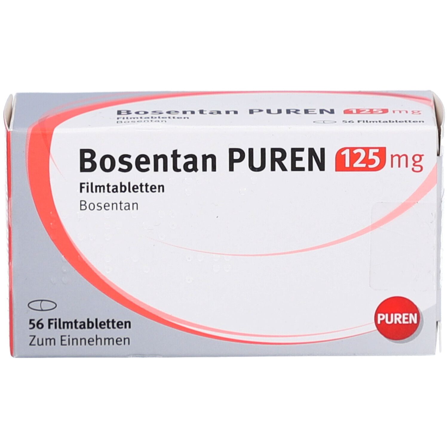 Bosentan PUREN 125 mg, 56 Filmtabletten Packung. Weiße Schachtel mit roter und grauer Schrift. PUREN Logo.