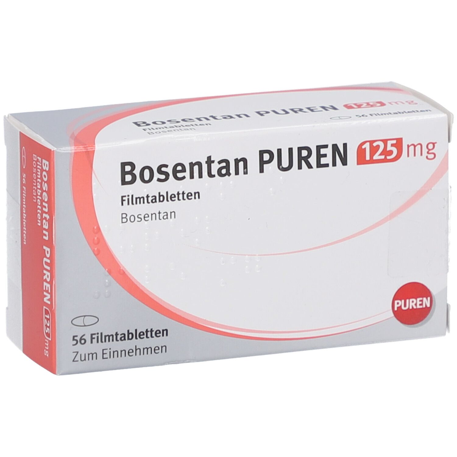 Bosentan PUREN 125 mg Packung, 56 Filmtabletten. Weiße Schachtel mit roter Schrift. PUREN Logo. Schachtel schräg.