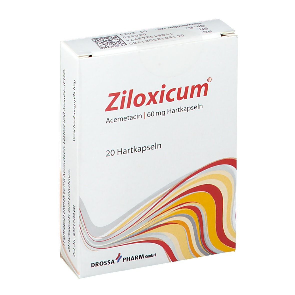 Ziloxicum 60 mg Hartkapseln-Packung. Weiße Schachtel mit rotem Logo und gelb-rotem Design. 20 Hartkapseln.