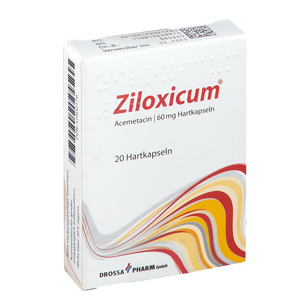 Ziloxicum 60 mg Hartkapseln-Packung. Weiße Schachtel mit rotem Logo und gelb-rotem Design. 20 Hartkapseln.