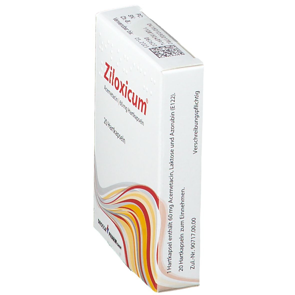 Ziloxicum-Packung, Seitenansicht. Weiße Schachtel mit rotem Logo und gelb-rotem Design. Text und Barcode.