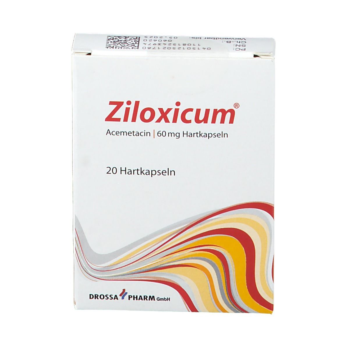 Ziloxicum 60 mg Hartkapseln-Packung. Weiße Schachtel mit rotem Logo und gelb-rotem Design. 20 Hartkapseln.