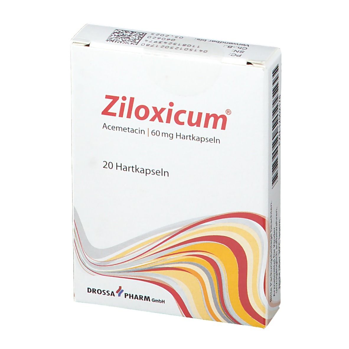 Ziloxicum 60 mg Hartkapseln-Packung. Weiße Schachtel mit rotem Logo und gelb-rotem Design. 20 Hartkapseln.