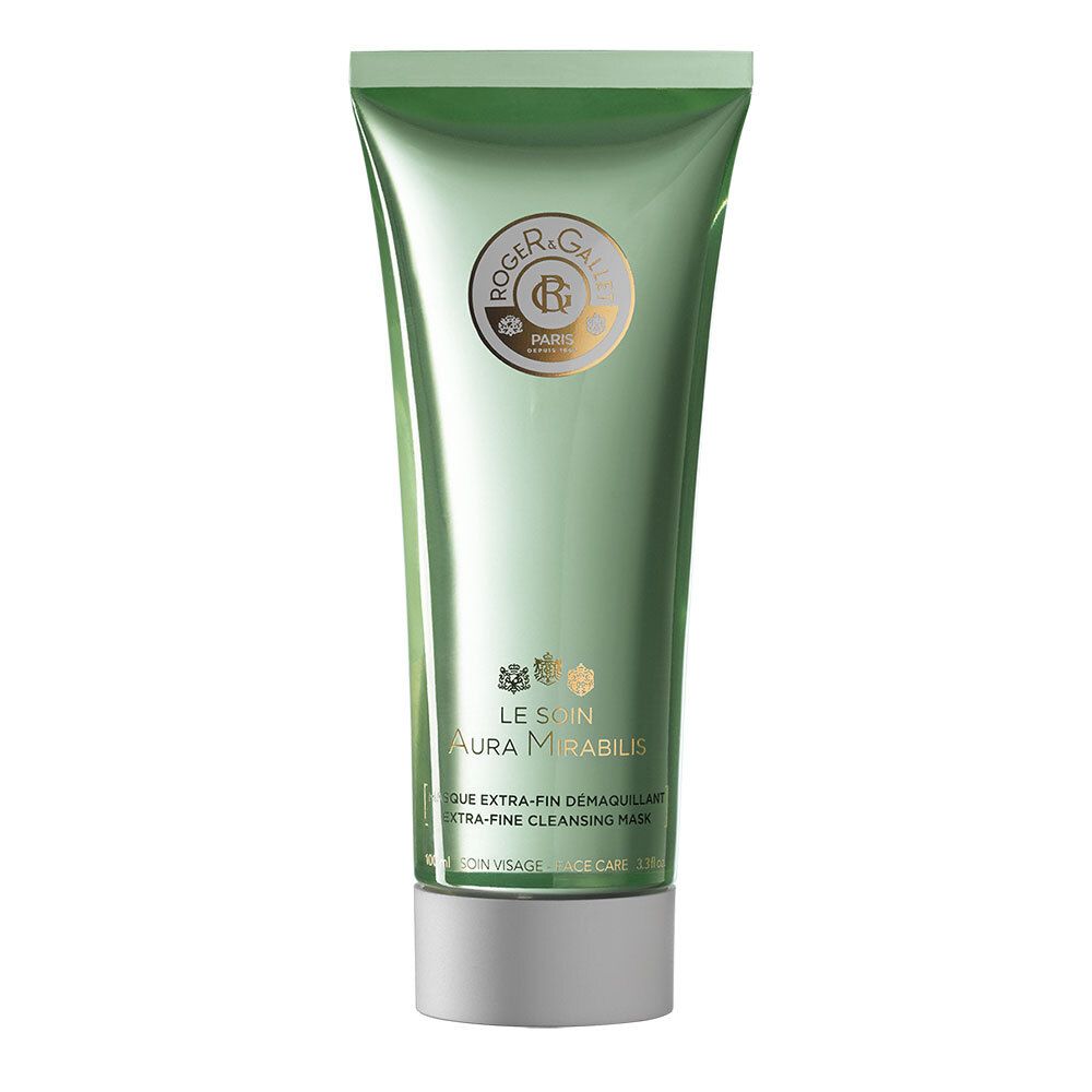Grüne Tube mit Produkttext. Logo von ROGER & GALLET. Text: LE SOIN, AURA MIRABILIS, MASQUE EXTRA-FIN DÉMAQUILLANT.