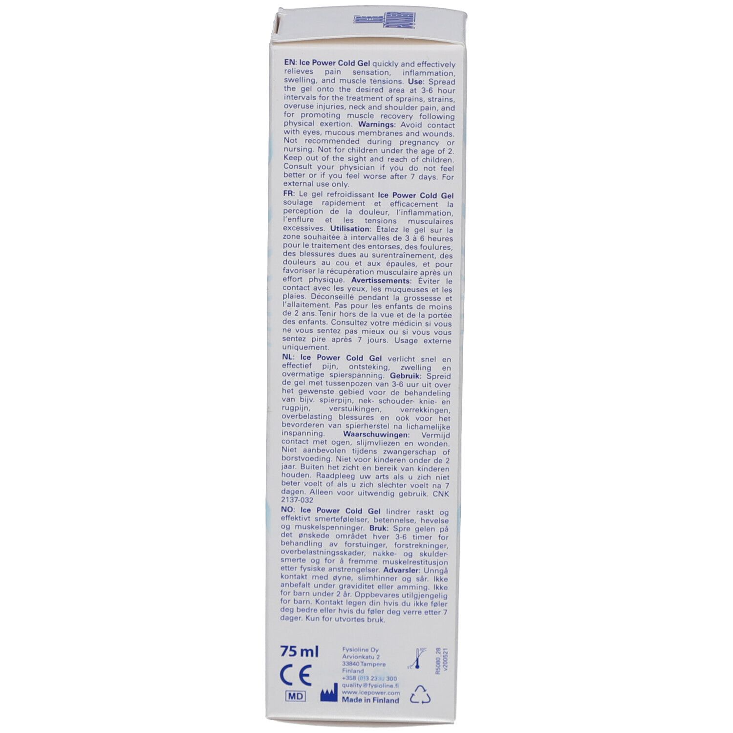 Verpackung von ICE POWER ROLL Cold Gel. Rückseite mit Text in mehreren Sprachen. 75 ml.