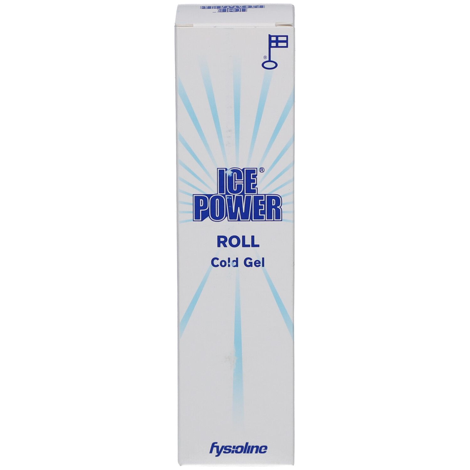 Verpackung von ICE POWER ROLL Cold Gel. Weiß mit blauem Design. fysioline-Logo.