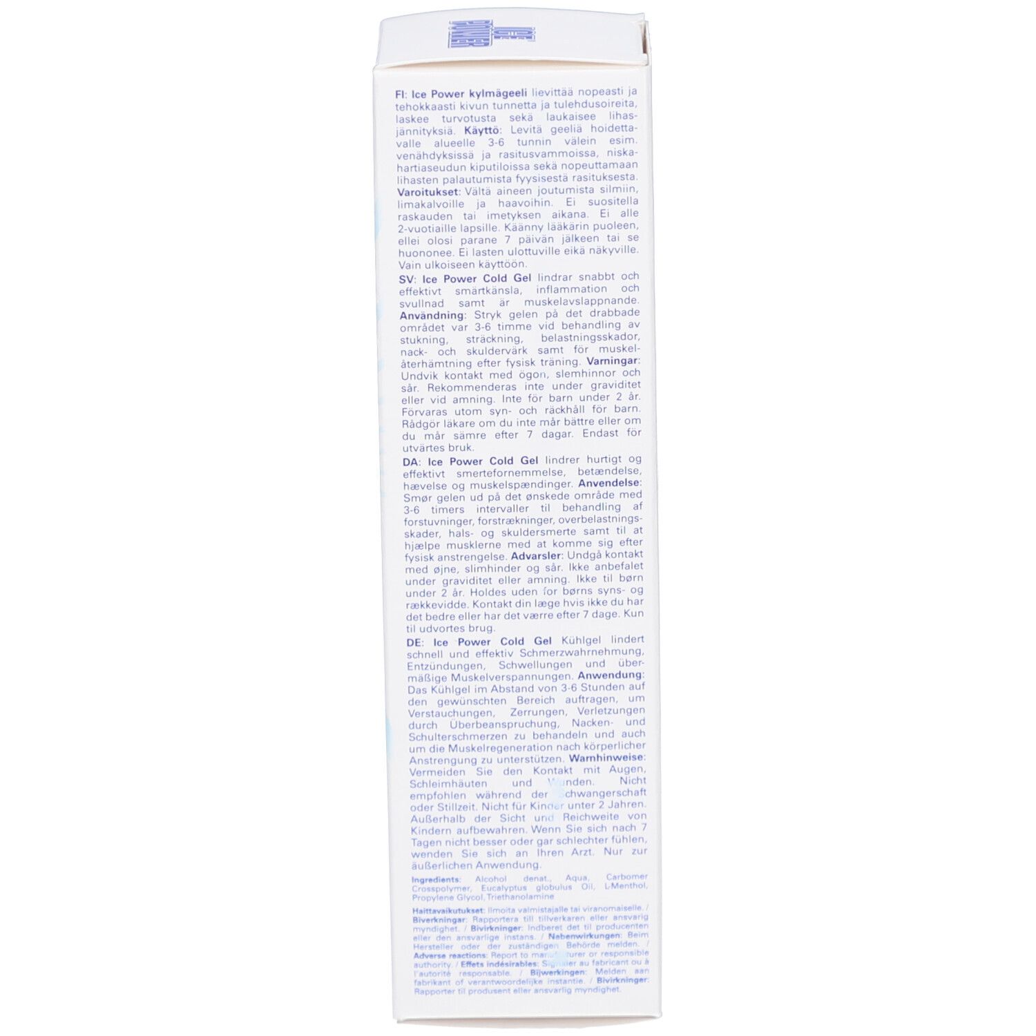 Verpackung von ICE POWER ROLL Cold Gel. Rückseite mit Text in mehreren Sprachen.