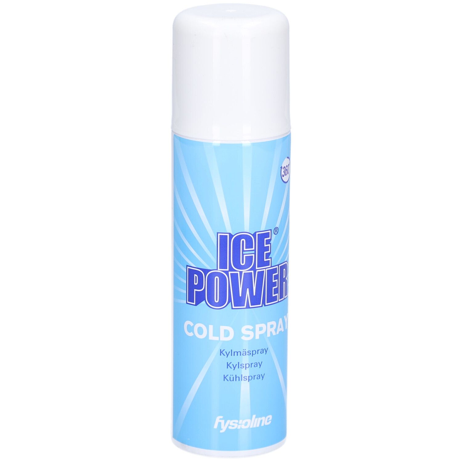Blau-weiße Sprühdose mit Produktnamen ICE POWER COLD SPRAY. Aufschrift in mehreren Sprachen. Marke: fysiolino.