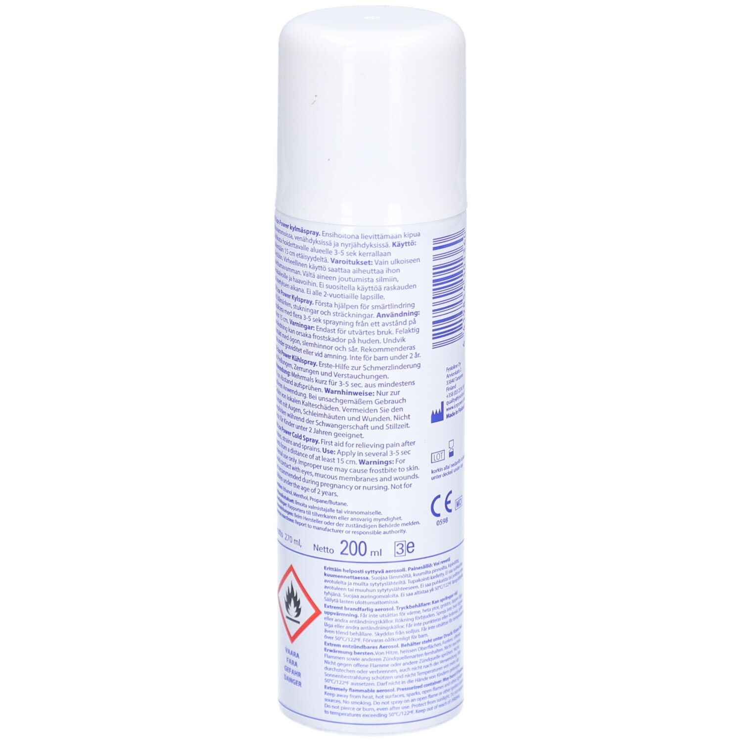 Rückseite der Sprühdose mit Text in mehreren Sprachen. Enthält Warnhinweise und Informationen zur Anwendung. Nettoinhalt: 200 ml.