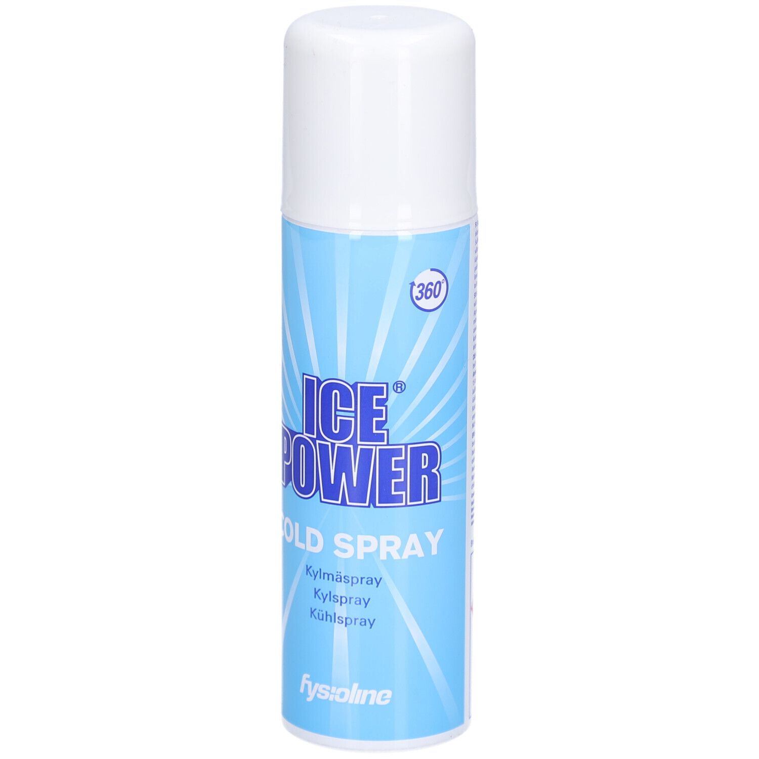 Blau-weiße Sprühdose mit Produktnamen ICE POWER COLD SPRAY. 360-Grad-Symbol. Marke: fysiolino.