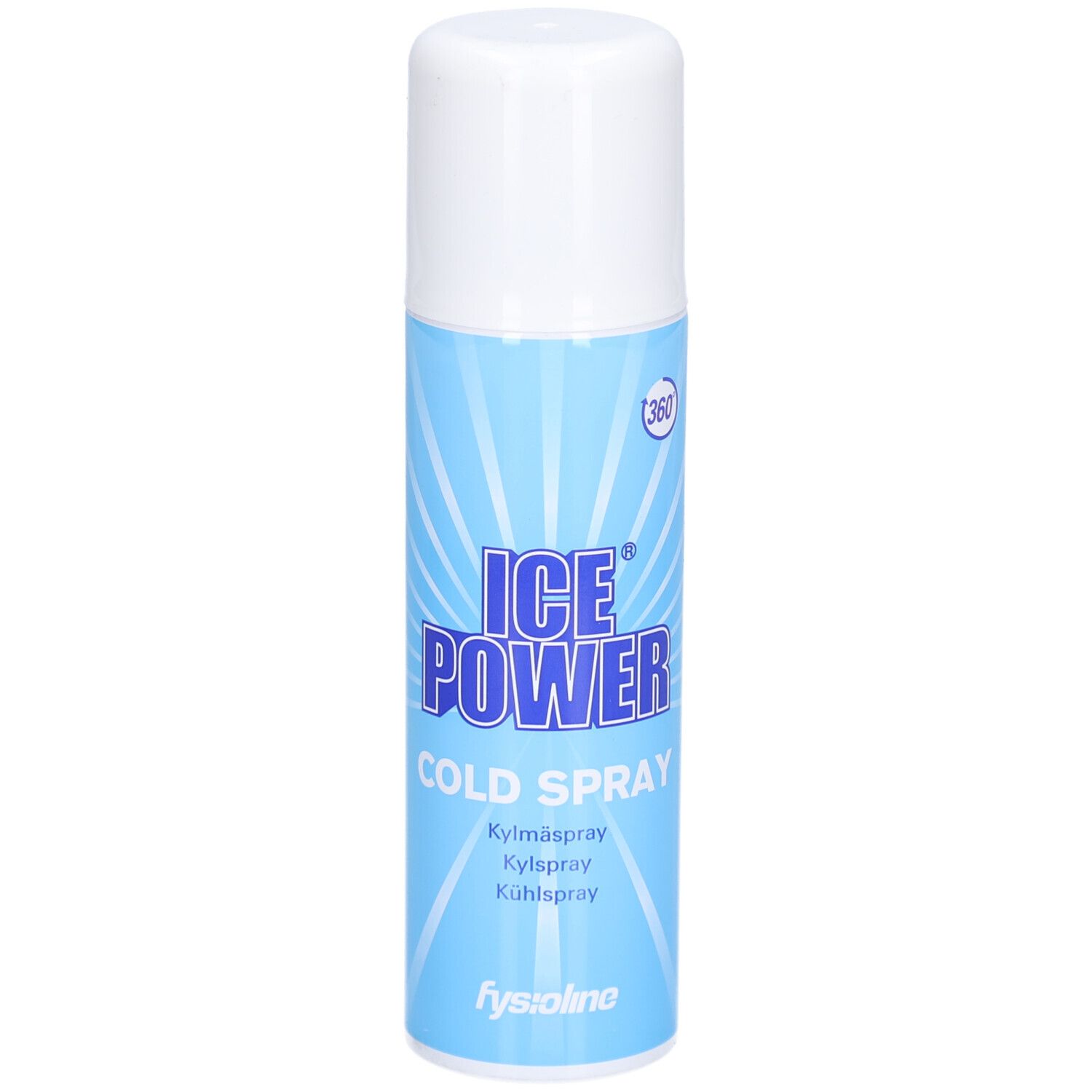Blau-weiße Sprühdose mit Produktnamen ICE POWER COLD SPRAY. Aufschrift in mehreren Sprachen. Marke: fysiolino.