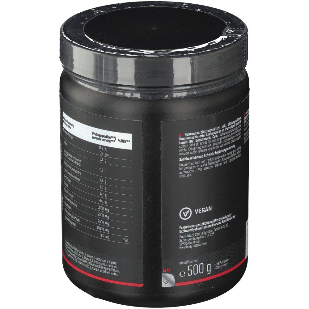 Schwarze Dose, Seitenansicht mit Nährwertangaben und Vegan-Siegel. 500g-Angabe.