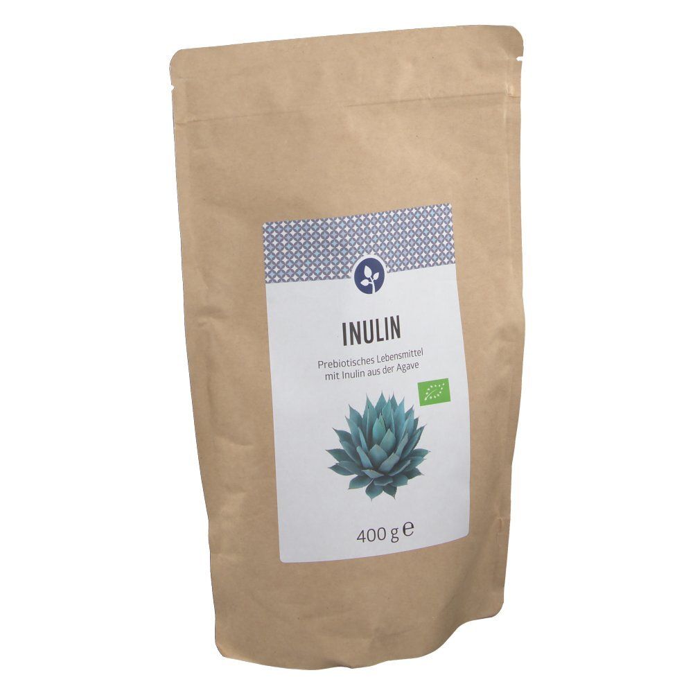 Beutel aus braunem Papier mit weißem Etikett. Aufschrift: INULIN, Präbiotisches Lebensmittel, Agave-Abbildung, 400 g, Bio-Siegel.