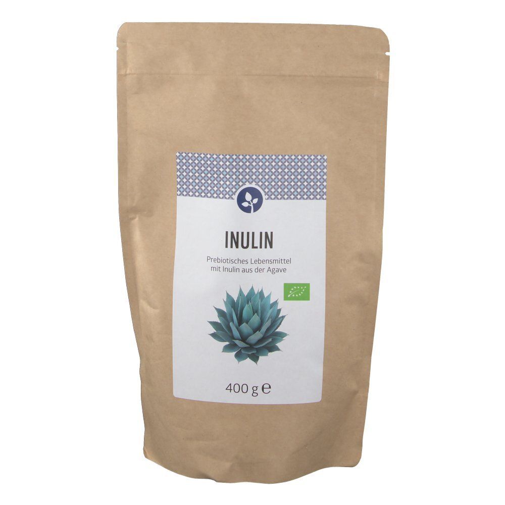 Brauner Papierbeutel mit weißem Etikett. Aufschrift: INULIN, Präbiotisches Lebensmittel, Agave-Abbildung, 400 g, Bio-Siegel.