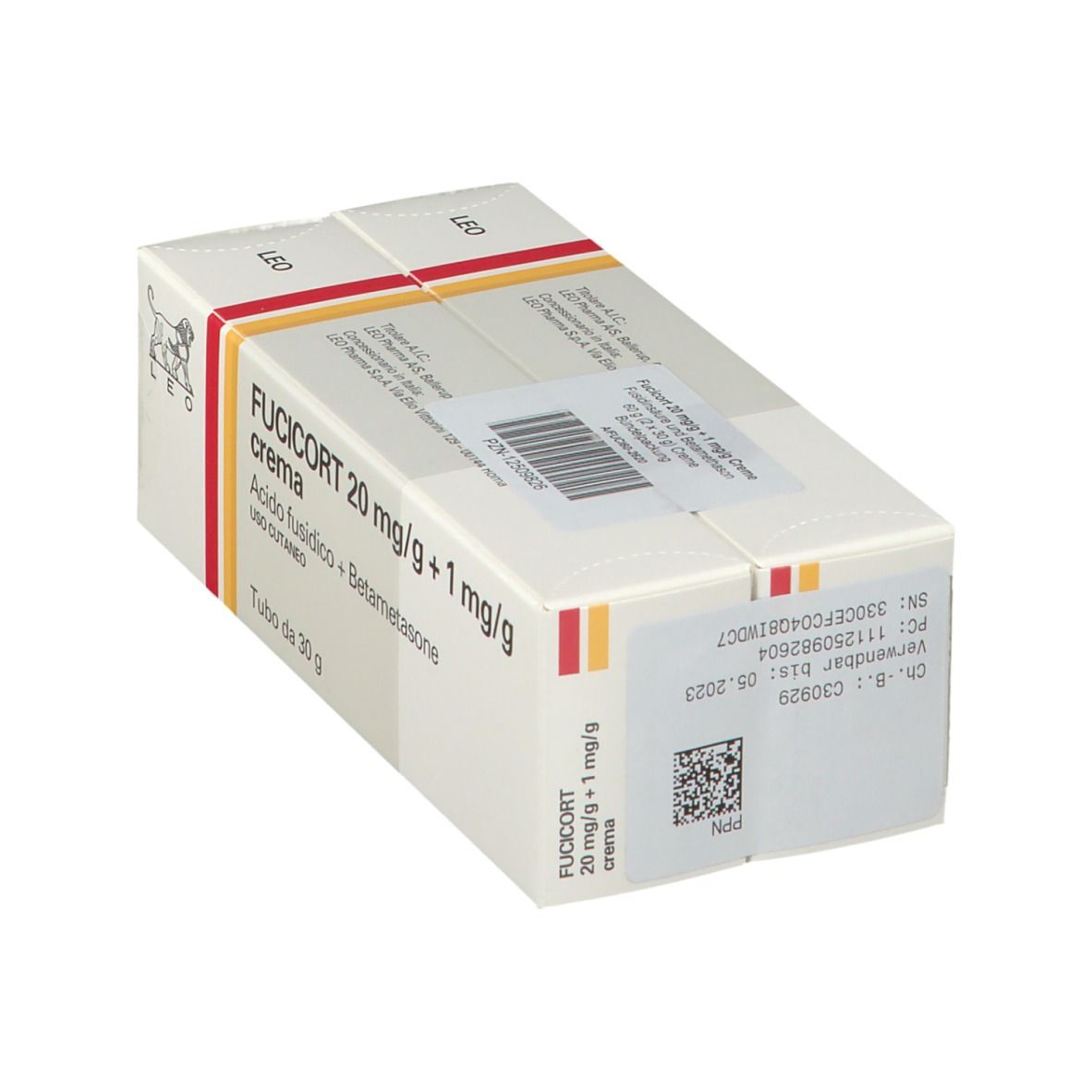 Schräg gestellte Kartonverpackung. Aufschrift: FUCICORT 20 mg/g + 1 mg/g, Creme. Enthält Fusidinsäure + Betamethason. Mit Barcode.