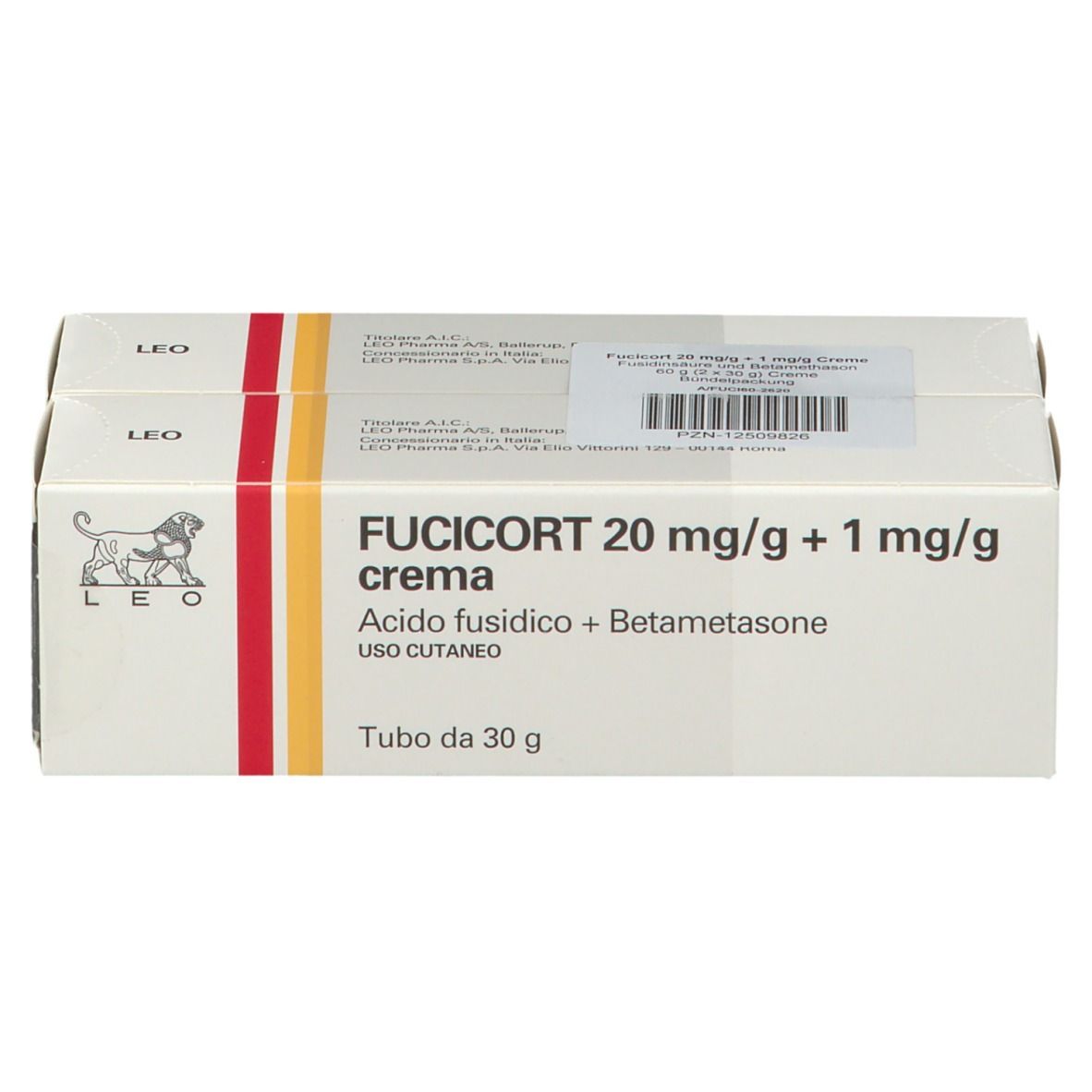 Kartonverpackung mit Produktinformationen. Aufschrift: FUCICORT 20 mg/g + 1 mg/g, Creme. Enthält Fusidinsäure + Betamethason.