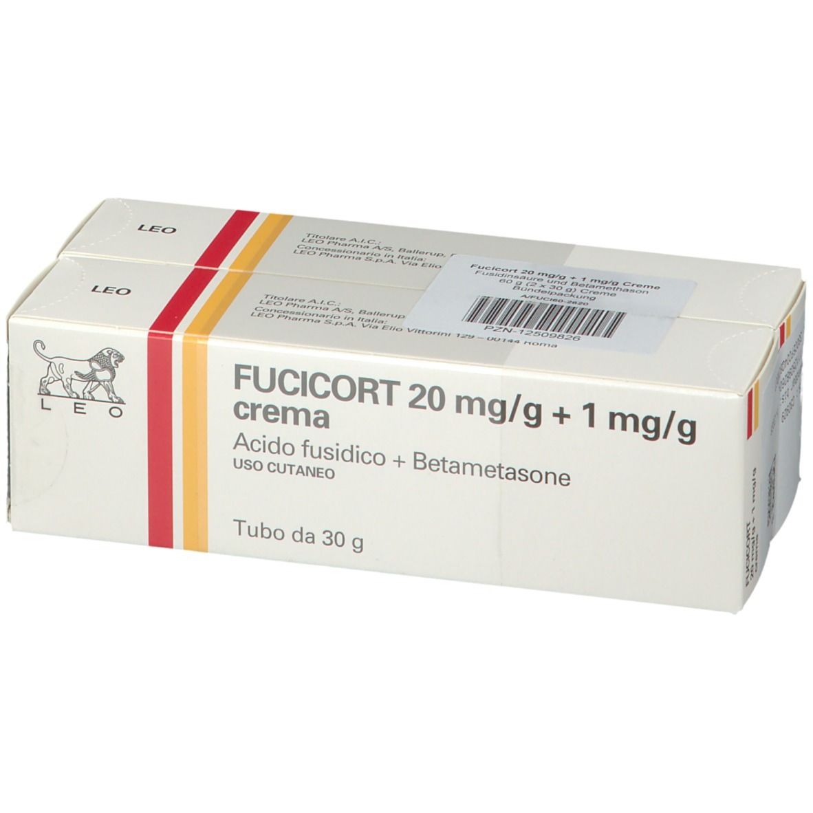 Kartonverpackung mit Produktinformationen. Aufschrift: FUCICORT 20 mg/g + 1 mg/g, Creme. Enthält Fusidinsäure + Betamethason.