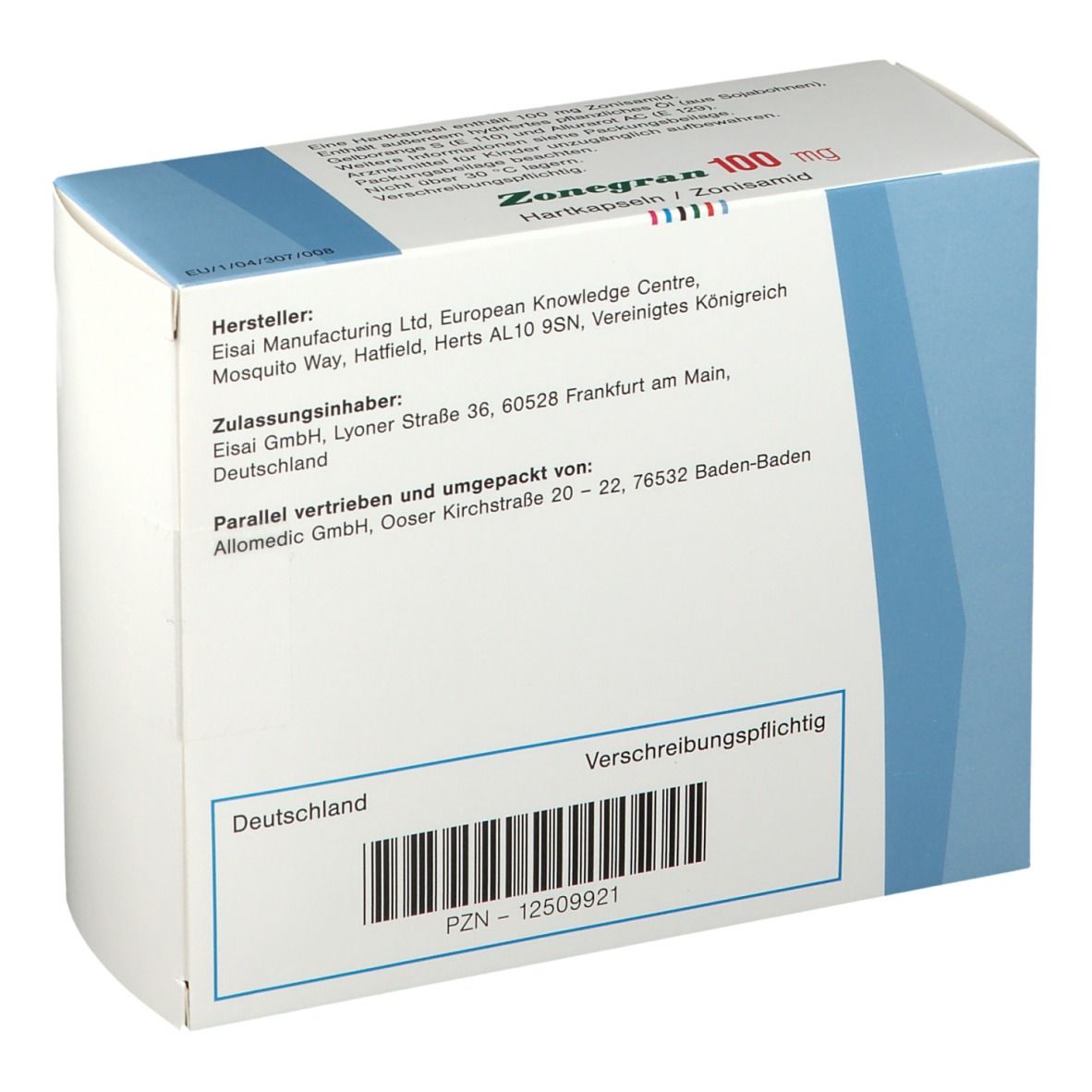 Rückseite der Schachtel mit Text. Hersteller, Zulassung, Vertrieb. Text: Verschreibungspflichtig. PZN-12509921.