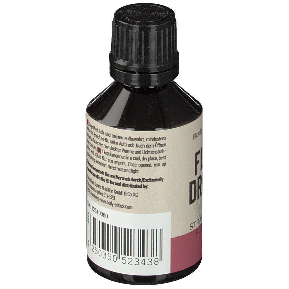 Flav Drops Erdbeergeschmack. Seitenansicht der Flasche mit Text und Barcode. Herstellerinformationen.