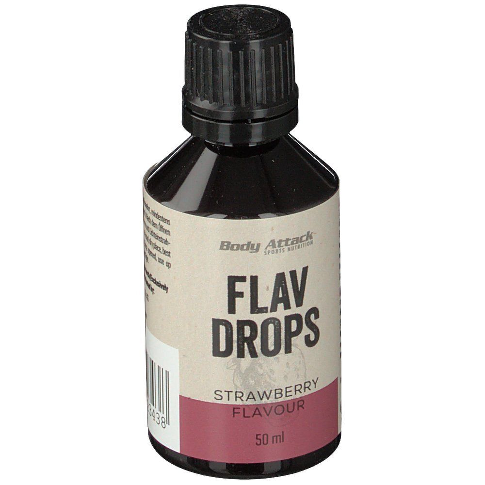 Flav Drops Erdbeergeschmack. Flasche mit schwarzem Deckel. Etikett mit Produktname, Marke und Geschmacksrichtung.