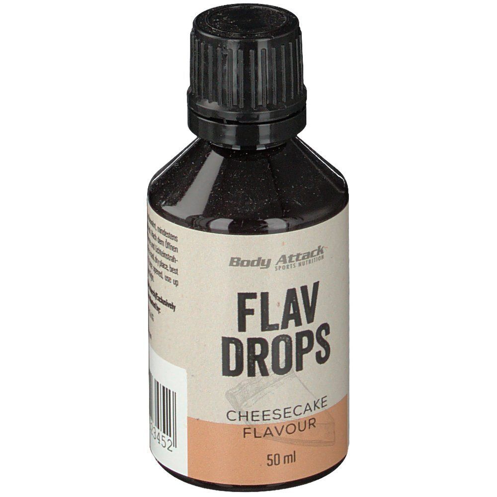Braune Flasche mit schwarzem Deckel. Aufschrift: Body Attack Flav Drops Cheesecake Flavour. 50 ml.