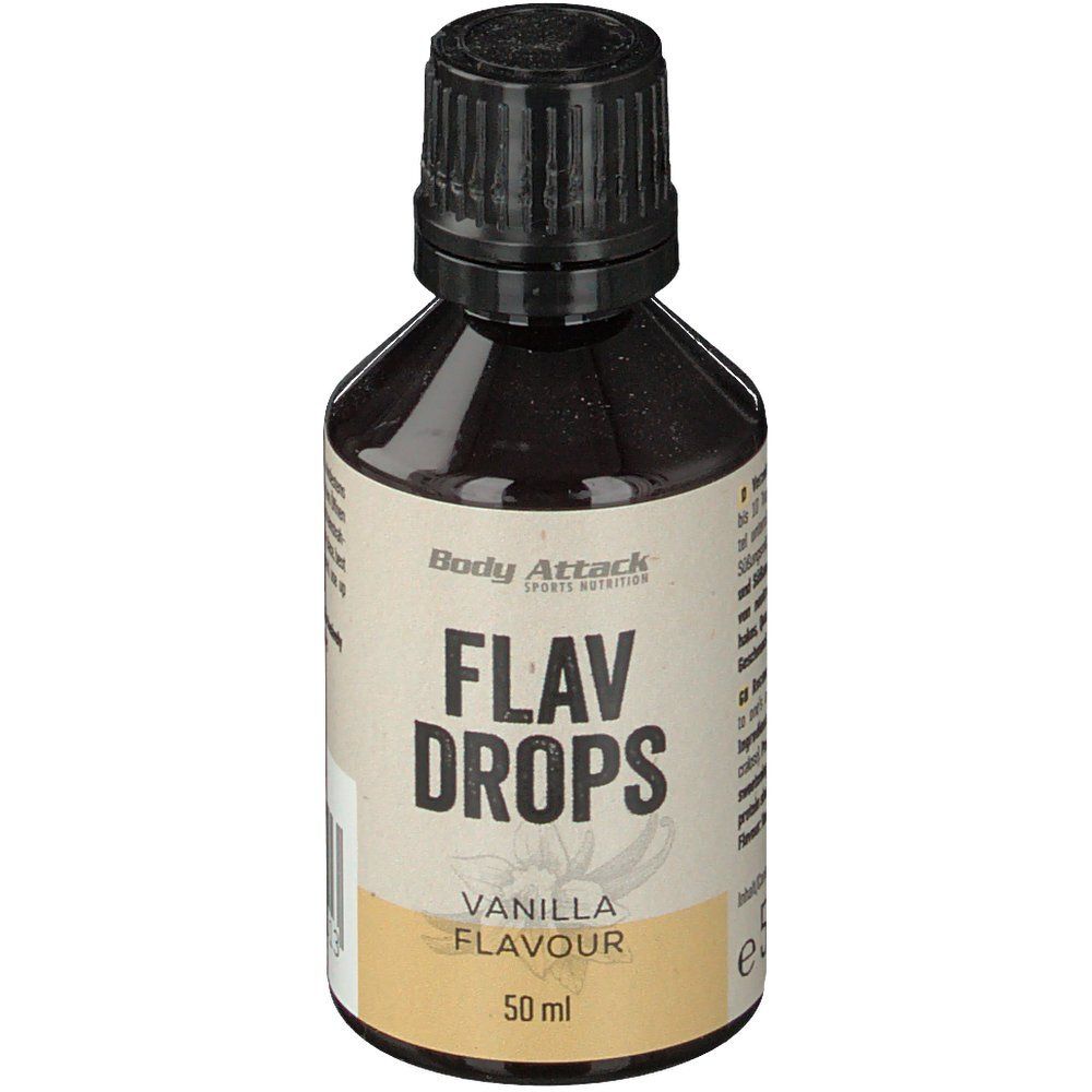 Braune Flasche mit schwarzem Deckel. Aufschrift: Flav Drops, Vanilla Flavour, 50 ml. Marke: Body Attack.