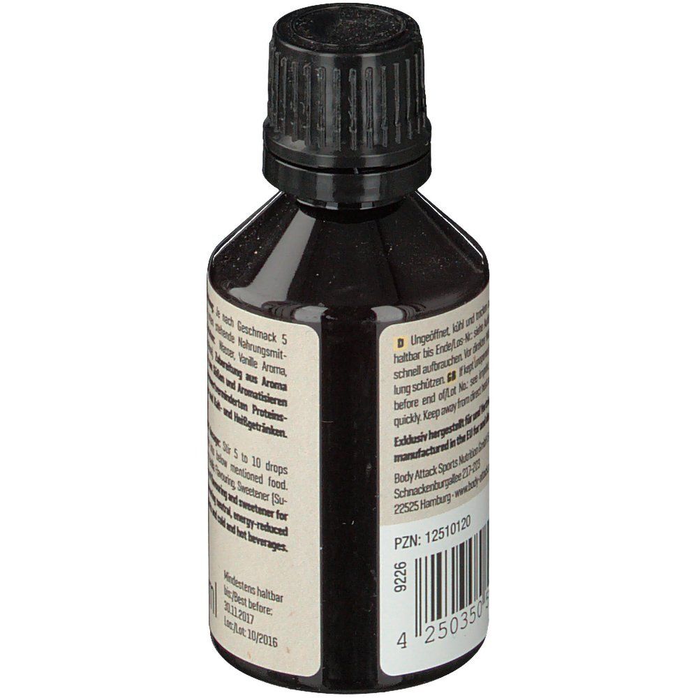 Braune Flasche mit schwarzem Deckel. Rückseite mit Text und PZN-Code 12510120. Marke: Body Attack Sports Nutrition.