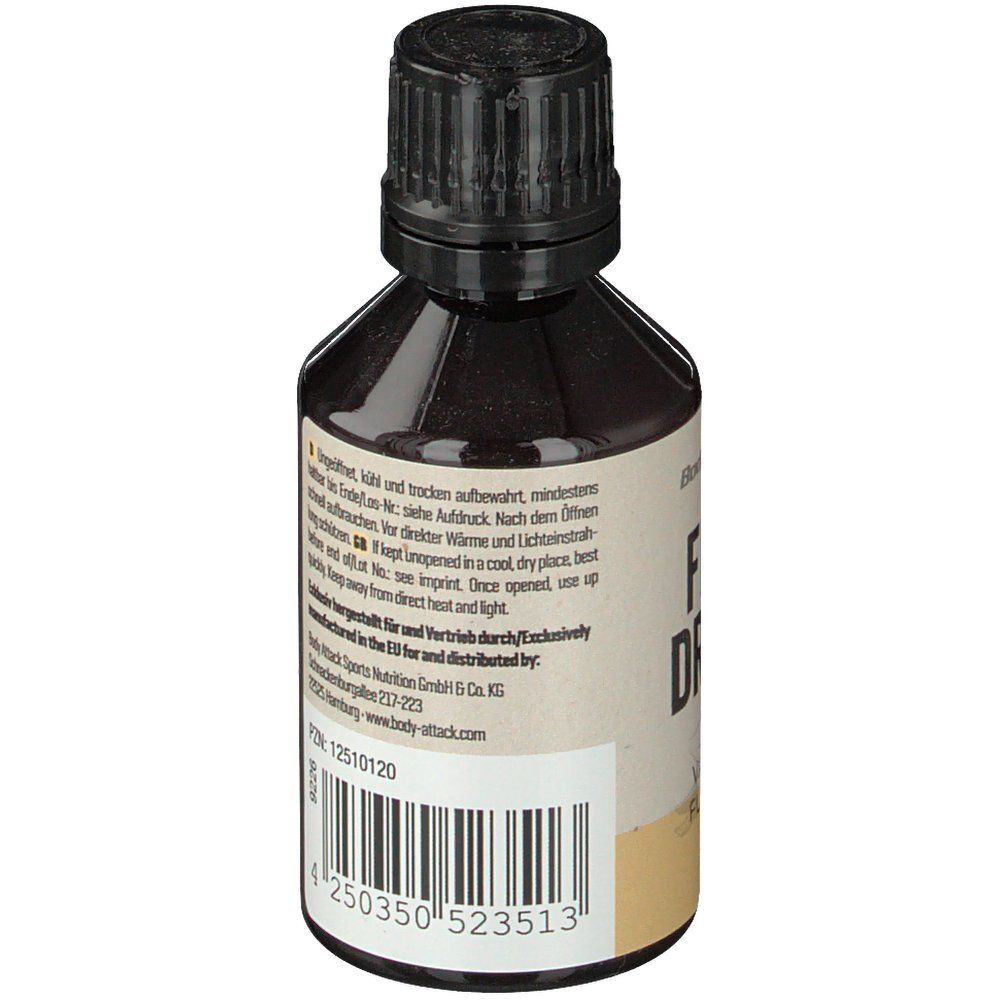 Braune Flasche mit schwarzem Deckel. Rückseite mit Text, Barcode und PZN-Code 12510120. Marke: Body Attack.