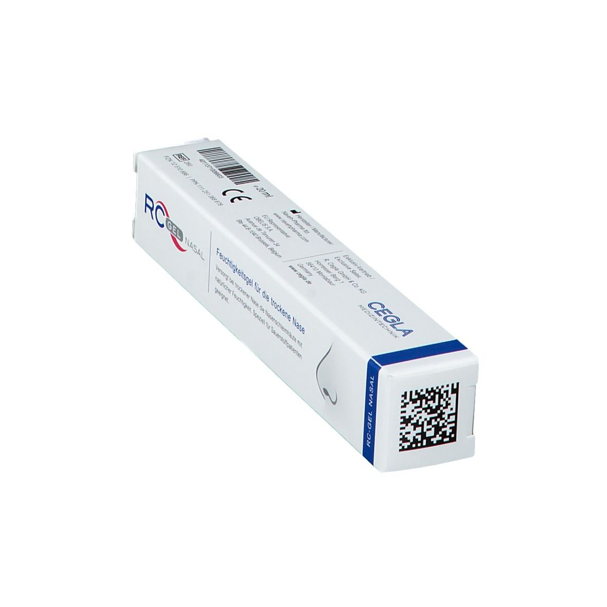 Weißer Karton mit Produktbezeichnung RC-Gel Nasal. CE-Zeichen. CEOLA-Logo. QR-Code. Schräge Ansicht.