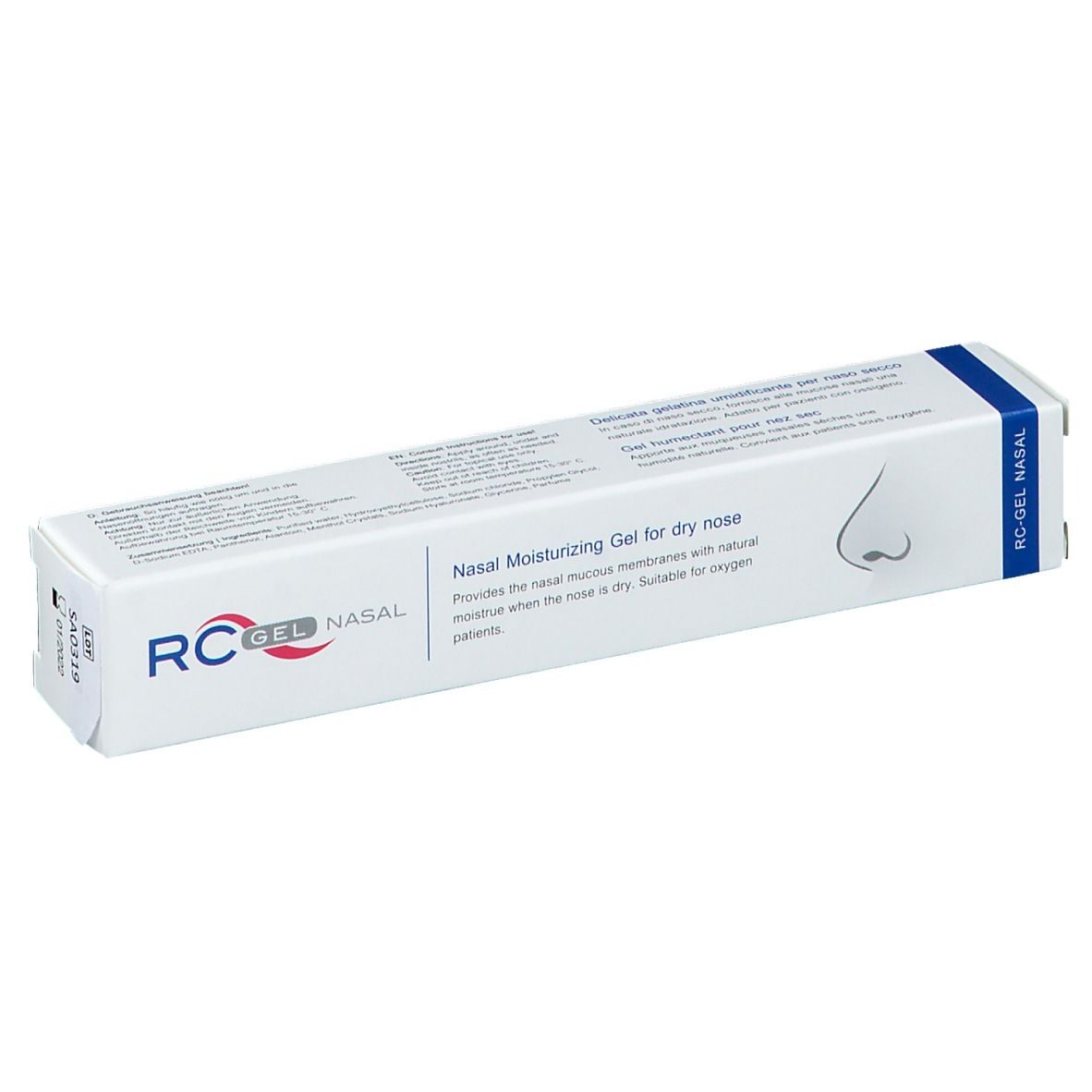 Weißer Karton mit Produktbezeichnung RC-Gel Nasal. Text: Nasal Moisturizing Gel for dry nose. CEOLA-Logo. Illustration Nase.