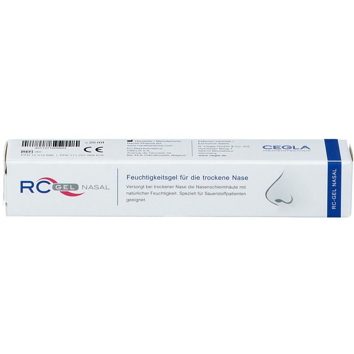 Weißer Karton mit Produktbezeichnung RC-Gel Nasal. Text: Feuchtigkeitsgel für die trockene Nase. CEOLA-Logo. CE-Zeichen.