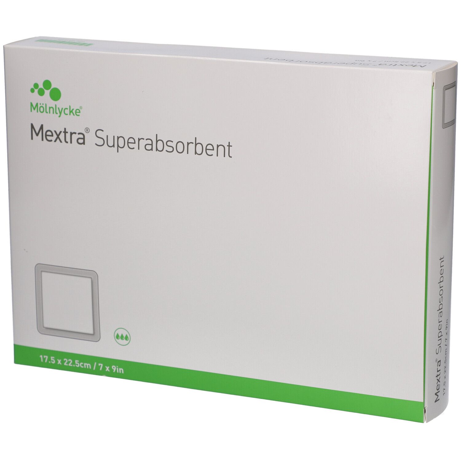 Mextra Superabsorbent Verband, 17,5x22,5 cm. Kartonverpackung mit Produktinformationen und Grössenangabe.