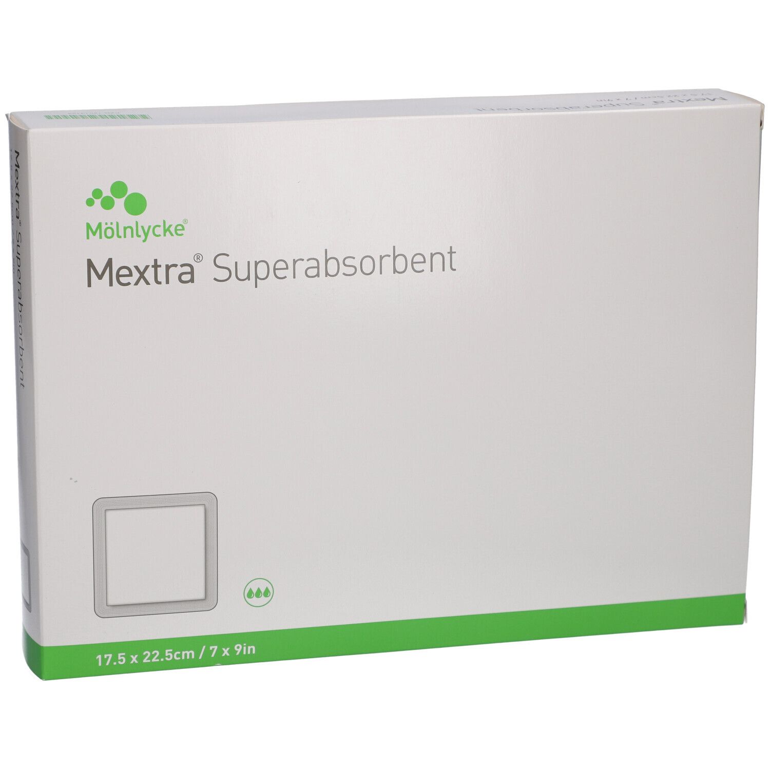 Mextra Superabsorbent Verband, 17,5x22,5 cm. Kartonverpackung mit Logo, Produktnamen und Grössenangabe.