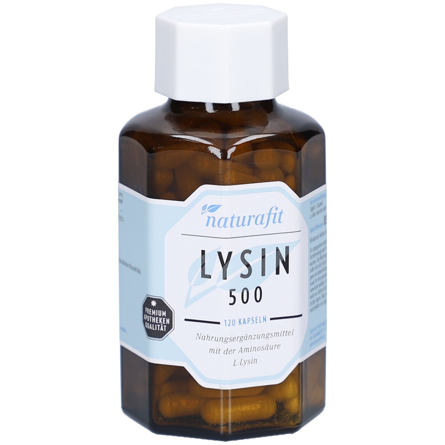 Braune Glasflasche mit weißem Deckel. Etikett mit naturafit, LYSIN 500, 120 Kapseln. Nahrungsergänzungsmittel.