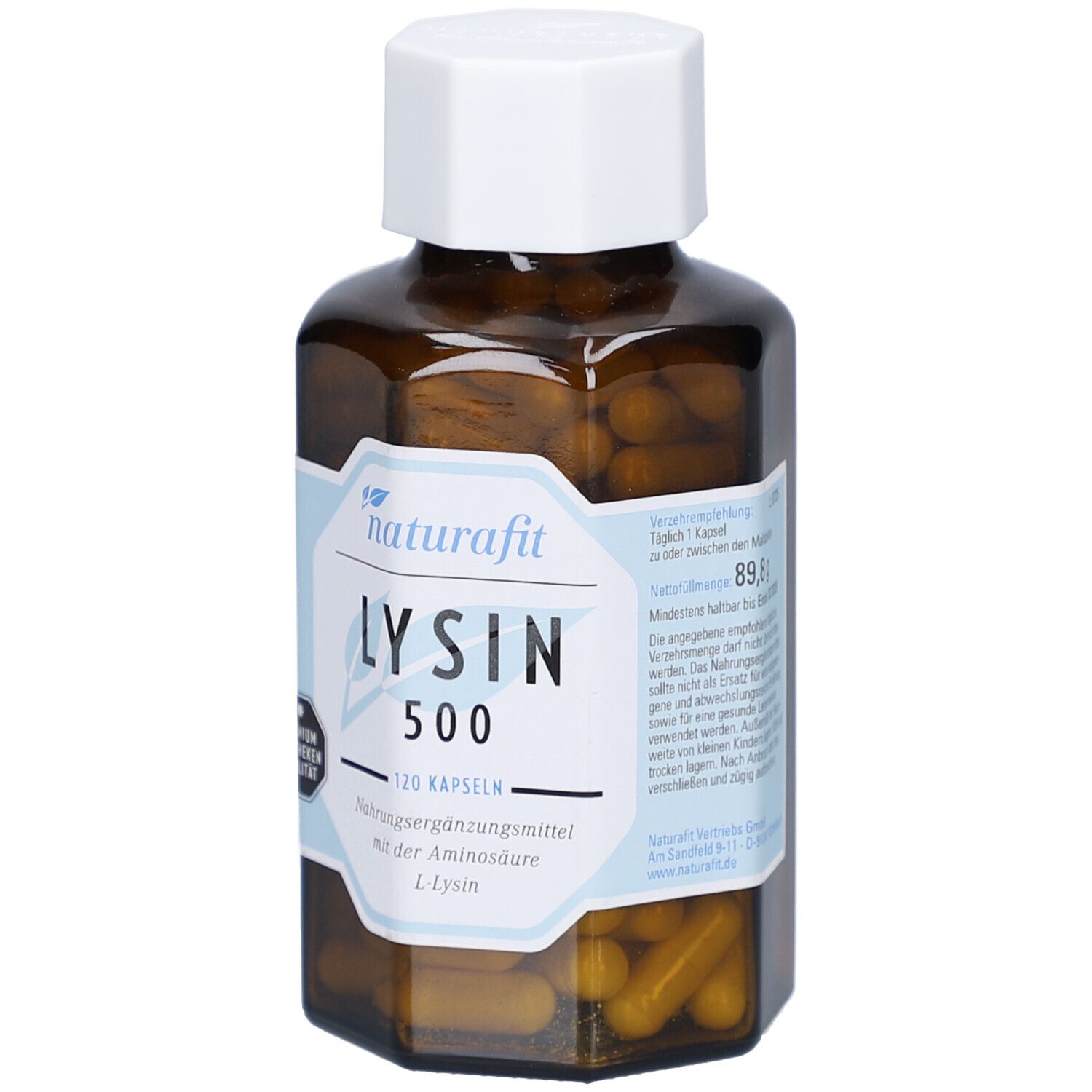 Braune Glasflasche mit weißem Deckel. Etikett mit naturafit, LYSIN 500, 120 Kapseln. Nahrungsergänzungsmittel.