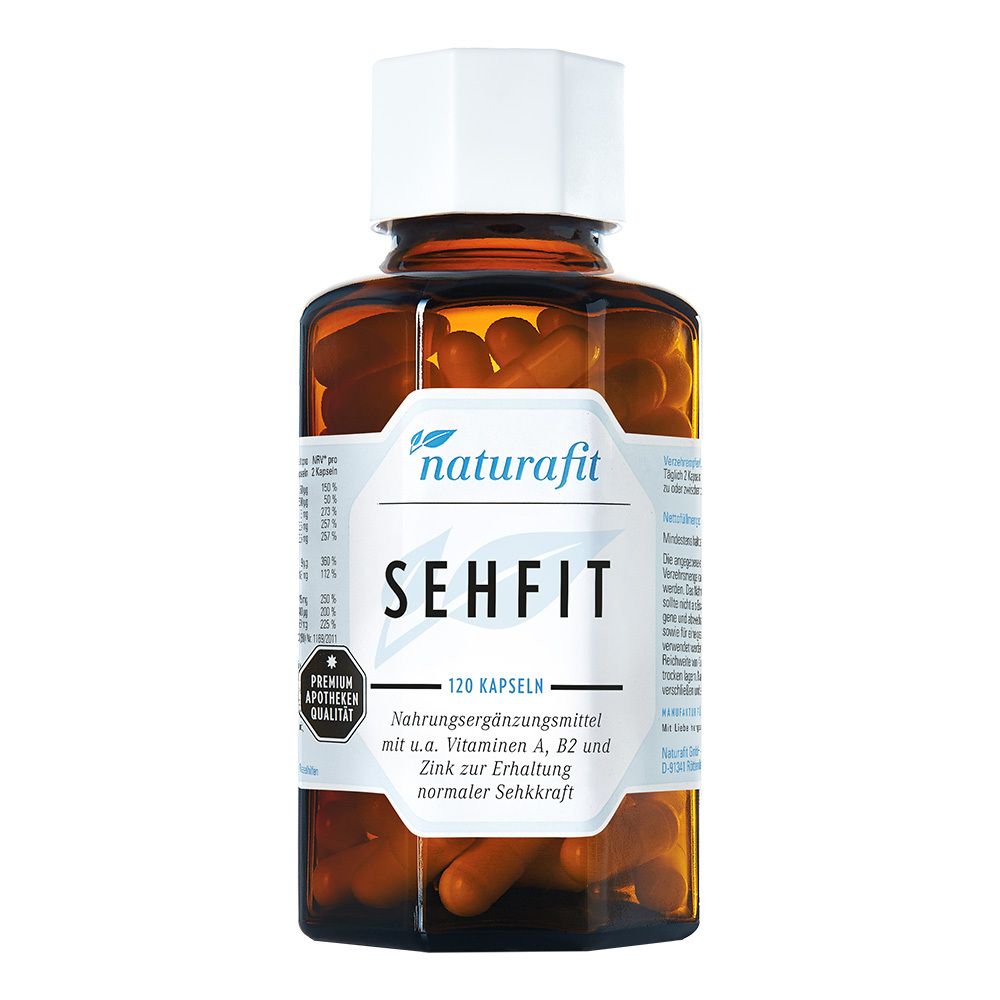 Braune Glasflasche mit weißen Deckel. Enthält Kapseln. Aufschrift: naturafit SEHFIT, 120 Kapseln. Nahrungsergänzungsmittel.