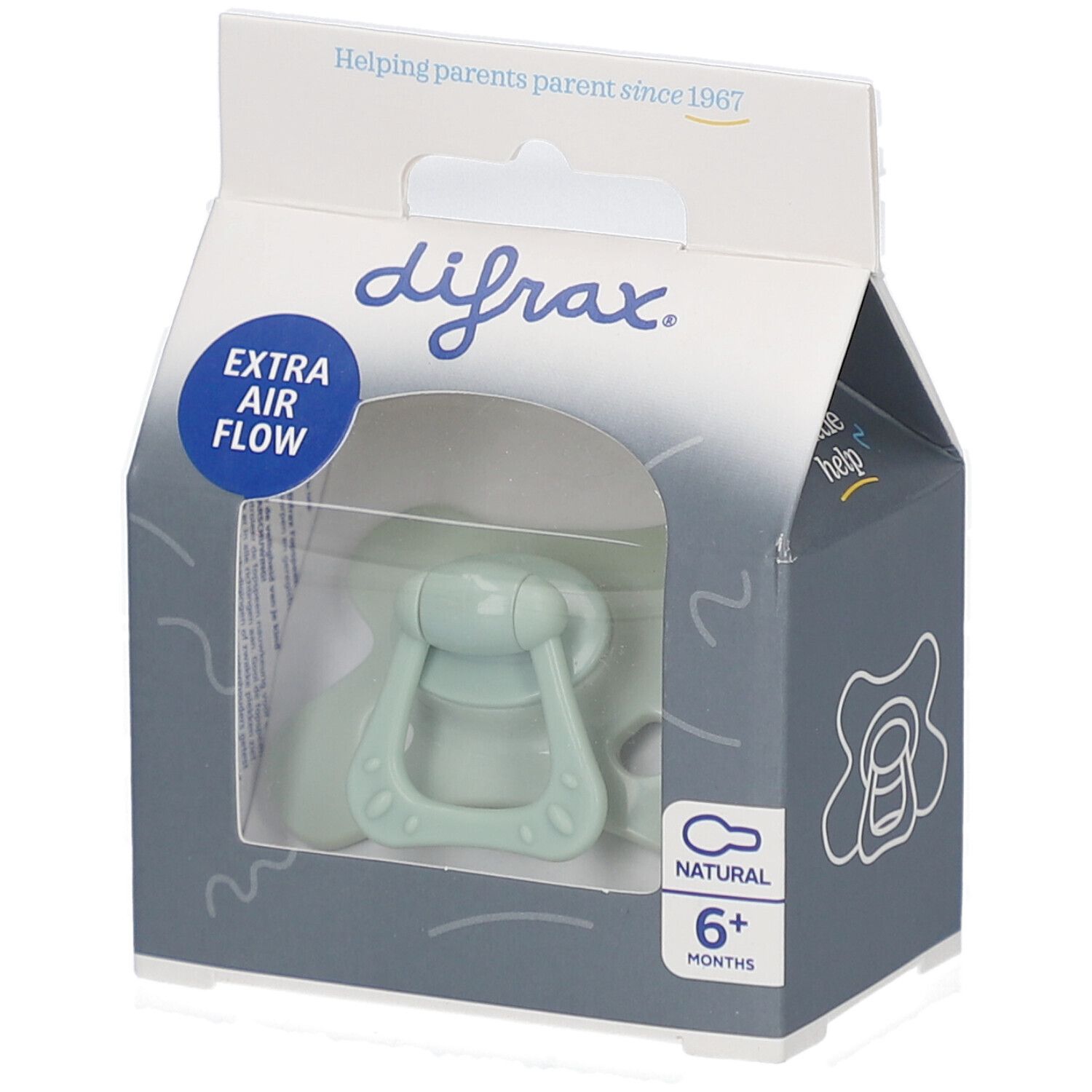Hellgrüner Schnuller in Verpackung. Sichtbar: Marke difrax, Extra Air Flow, Natural, 6+ Monate.