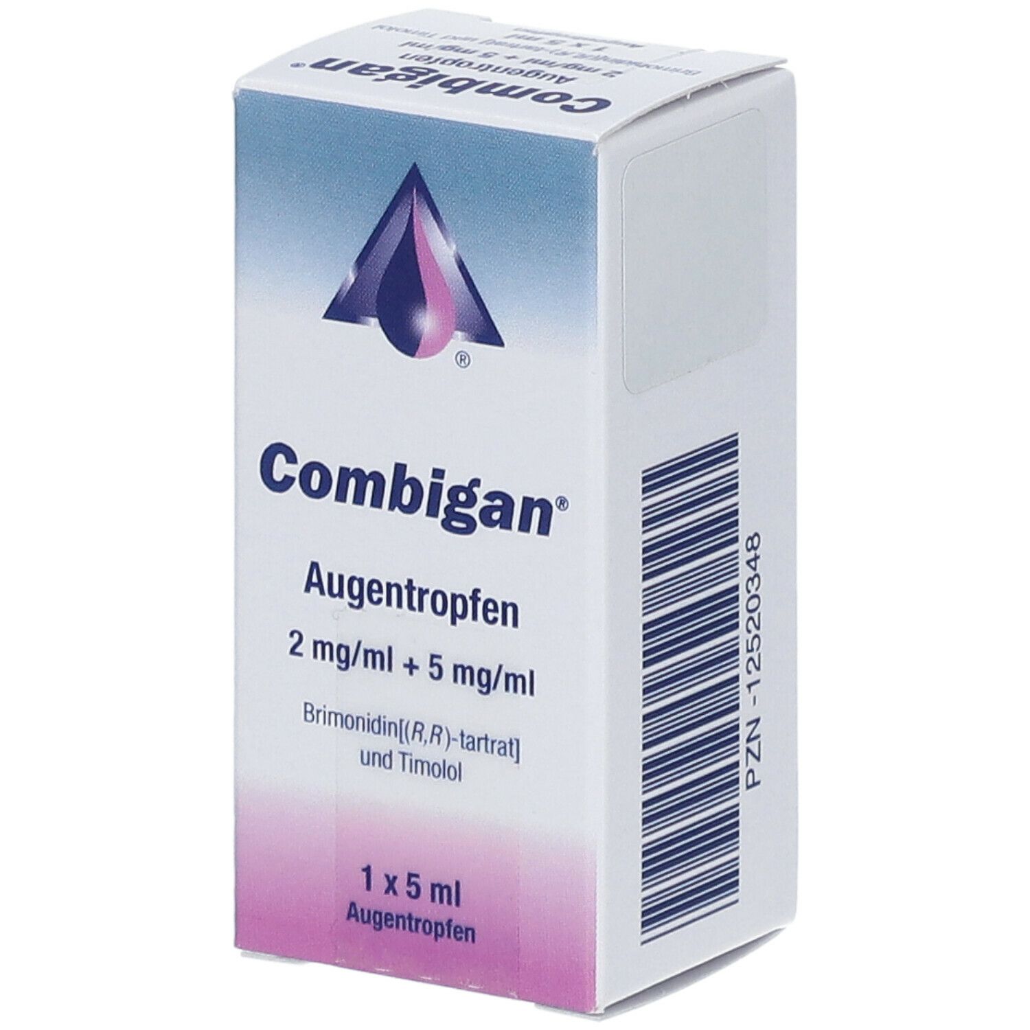 Karton Combigan Augentropfen. Enthält 2 mg/ml + 5 mg/ml. 1 x 5 ml. Brimonidin(R,R)-tartrat und Timolol.