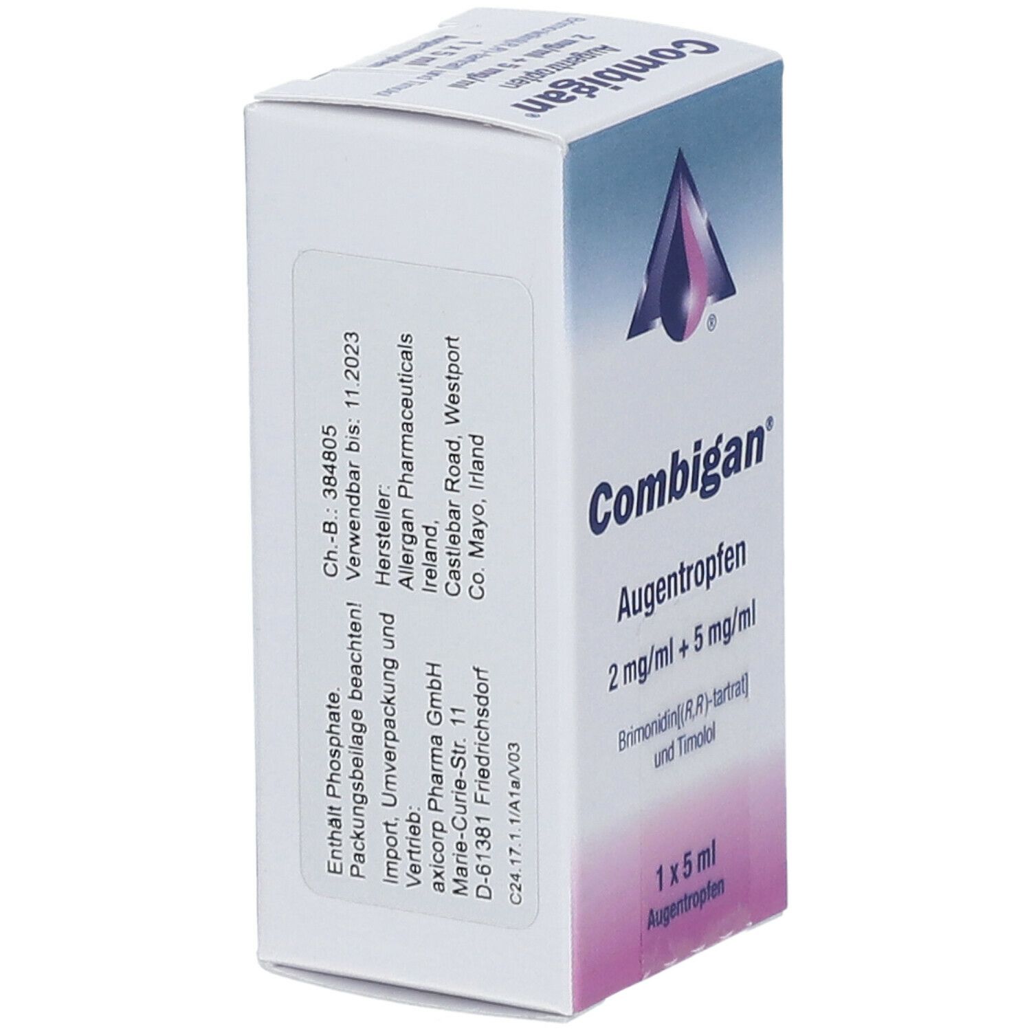 Karton Combigan Augentropfen. Enthält 2 mg/ml + 5 mg/ml. 1 x 5 ml. Rückseite mit Herstellerinformationen.