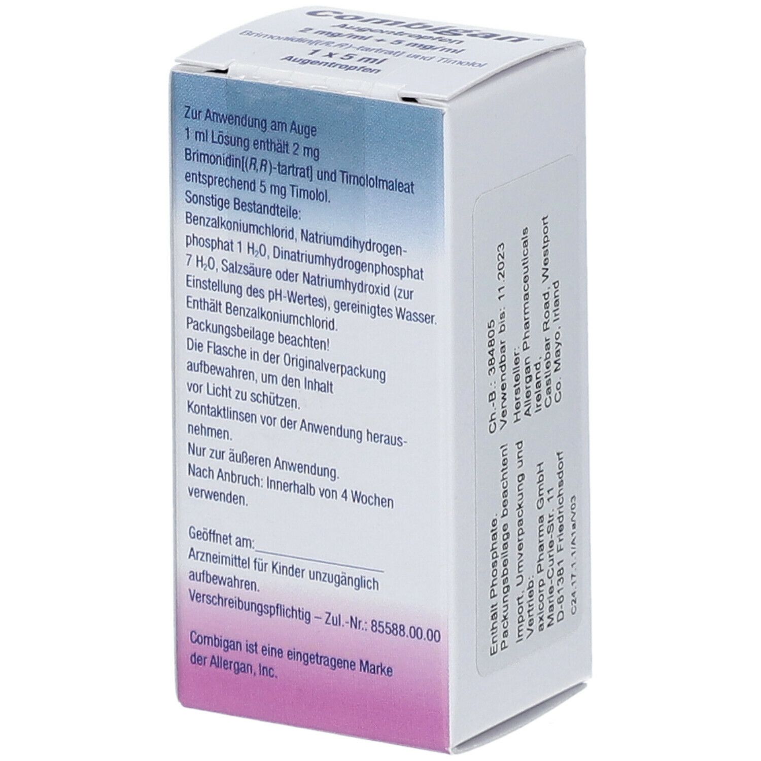 Karton Combigan Augentropfen. Enthält 2 mg/ml + 5 mg/ml. Rückseite mit Anwendungshinweisen und Inhaltsstoffen.