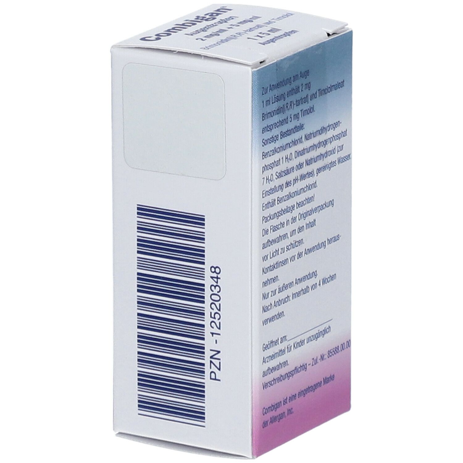 Karton Combigan Augentropfen. Enthält 2 mg/ml + 5 mg/ml. Rückseite mit Barcode und Anwendungshinweisen.
