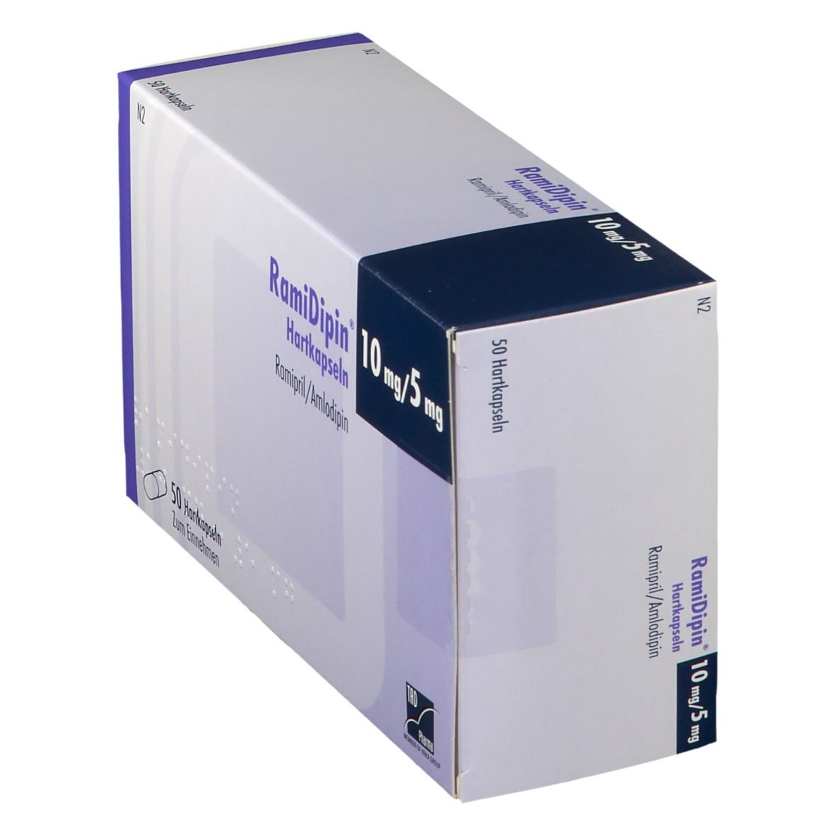 RamiDipin 10 mg/5 mg Hartkapseln Verpackung, Seitenansicht. Enthält 50 Hartkapseln.