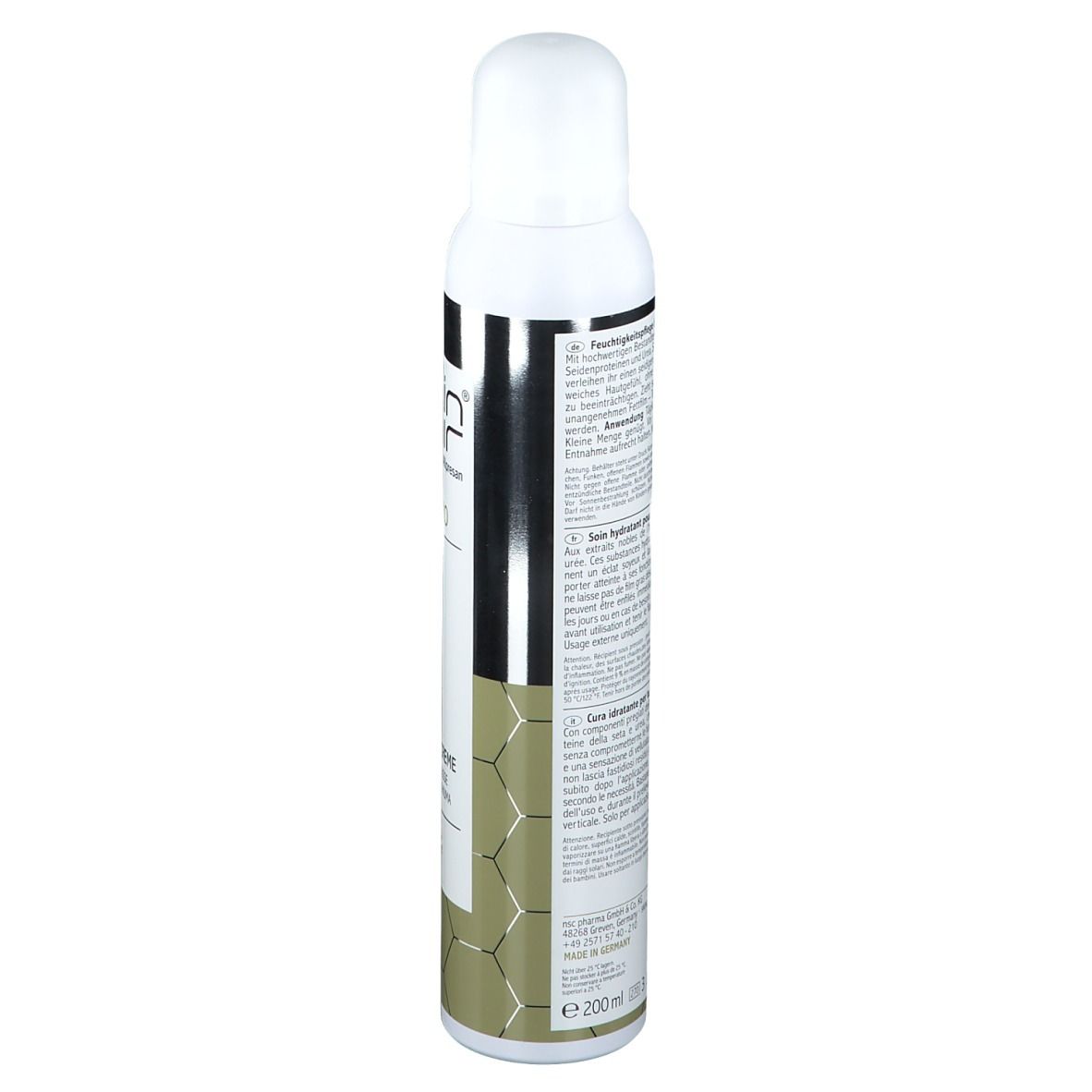 Rückseite der Flasche. Text: Inhaltsstoffe, Anwendungshinweise. Logo: Vegan, Recycling, Flamme. Marke: Skincair® HYDRO.
