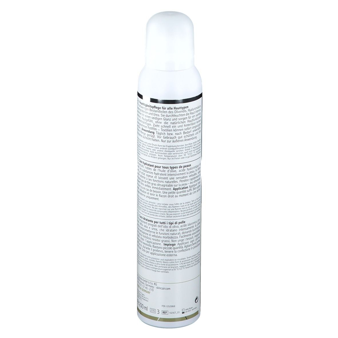 Rückseite der Flasche. Text: Anwendungshinweise, Inhaltsstoffe. Logos: Vegan, Recycling, Flamme. Marke: Skincair® HYDRO.