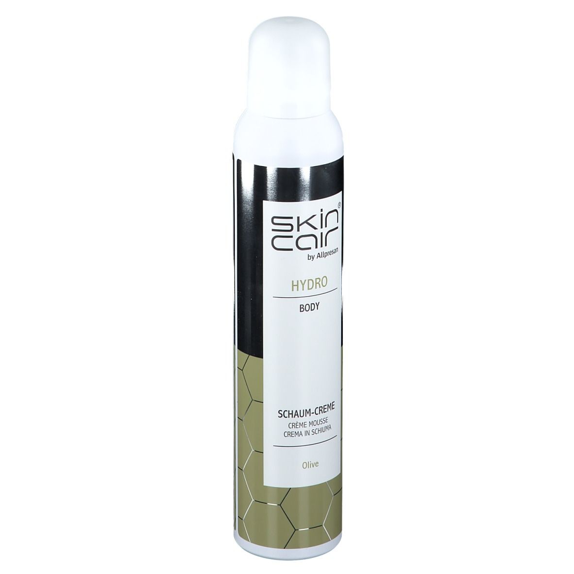 Weiß-silberne Flasche. Marke: Skincair® HYDRO. Text: HYDRO, BODY, Schaum-Creme, Olive. Von Kopf bis Fuß.