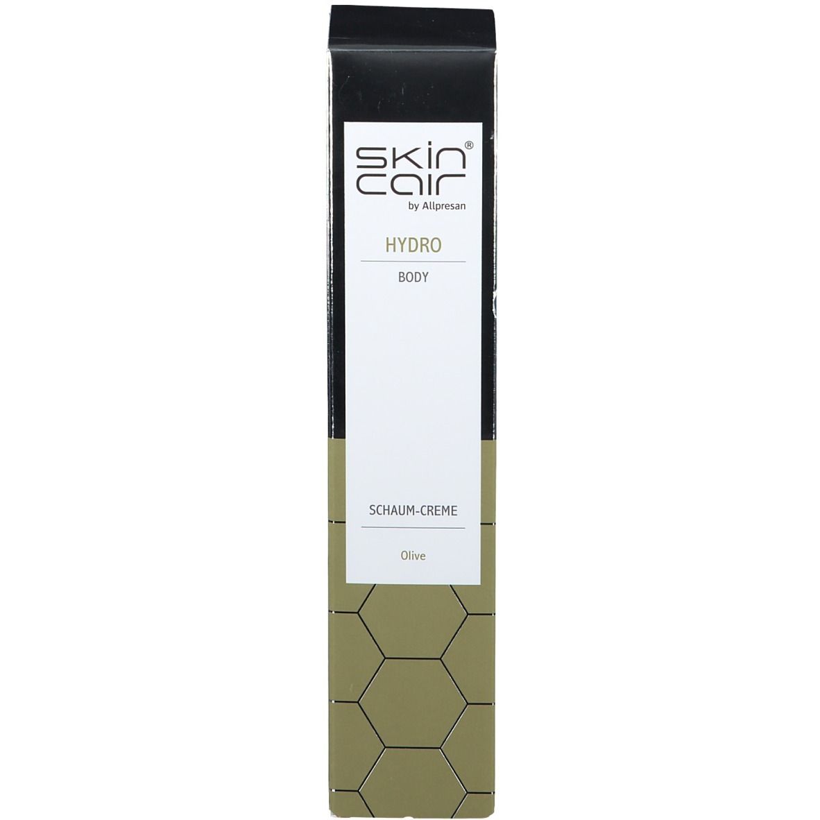 Verpackung. Marke: Skincair® HYDRO. Text: HYDRO, BODY, Schaum-Creme, Olive. Verpackung: Schwarz, Grün.